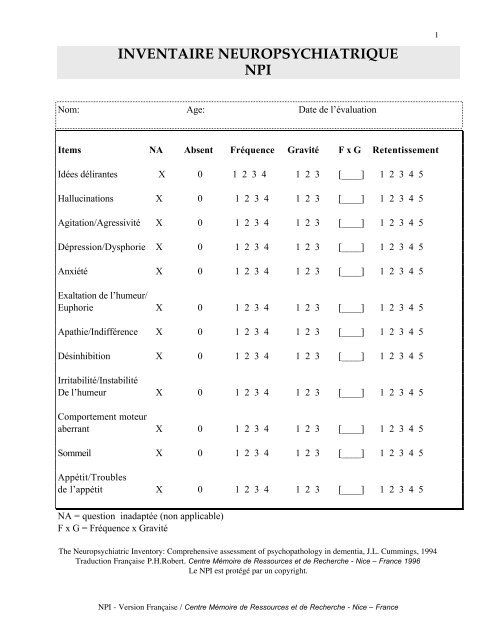 INVENTAIRE NEUROPSYCHIATRIQUE NPI - Centre Mémoire de ...