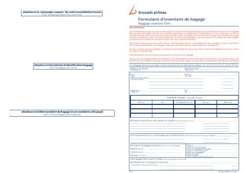 Formulaire d'inventaire de bagage - Brussels Airlines