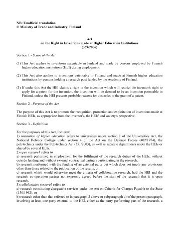 Act on the Right in Inventions made at Higher Education ... - Oulu