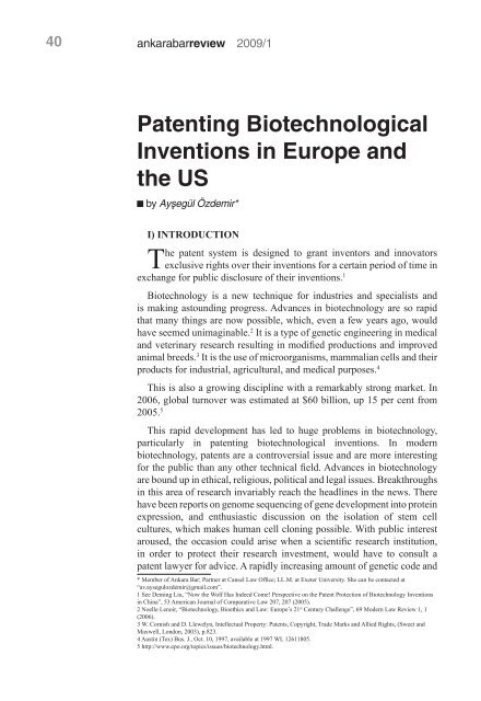 Patenting Biotechnological Inventions in Europe ... - Ankara Barosu