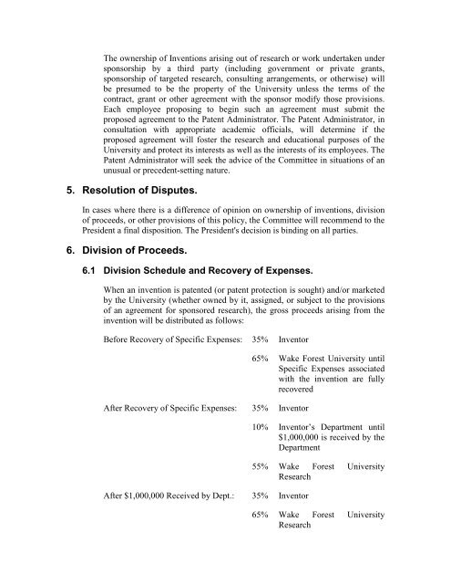 INVENTIONS AND PATENT POLICY - Wake Forest University