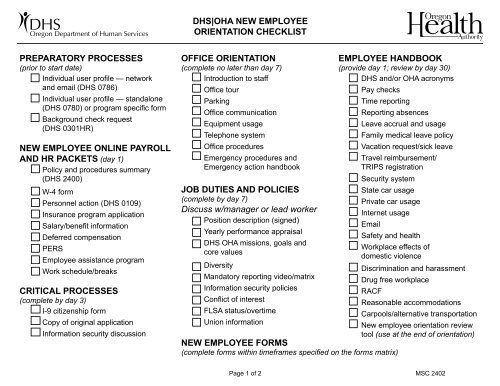 new employee orientation checklist - Oregon DHS Applications home