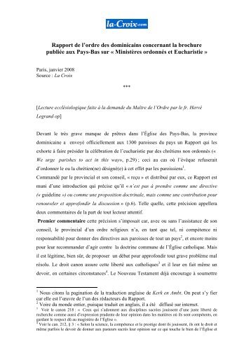 Rapport de l'ordre des dominicains concernant la brochure ... - Kerit