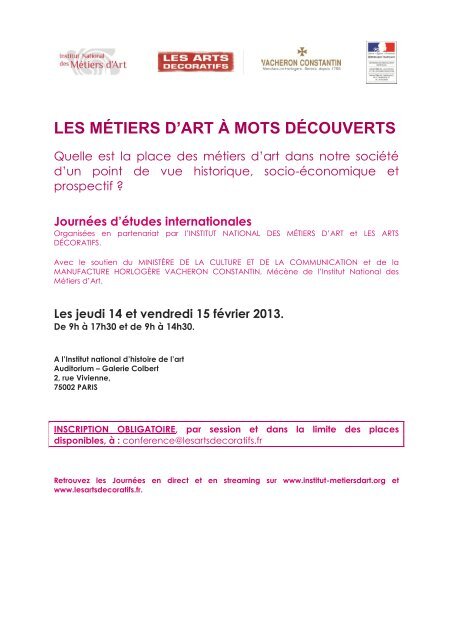LES MÉTIERS D'ART À MOTS DÉCOUVERTS - Institut National des ...