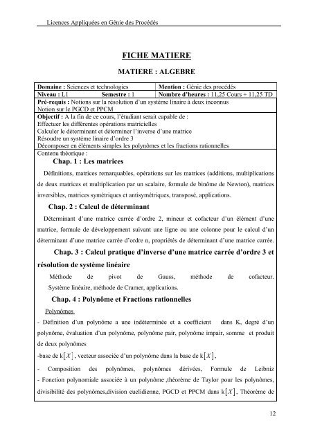 FICHE MATIERE - Ministère de l'Enseignement Supérieur et de la ...