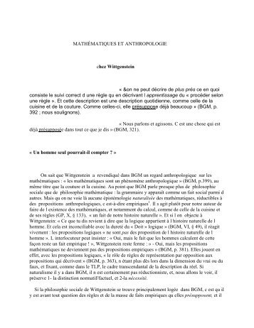 Wittgenstein anthropologue des mathématiques - Université Paris ...