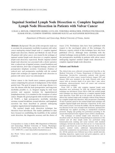 Inguinal Sentinel Lymph Node Dissection vs. Complete Inguinal ...