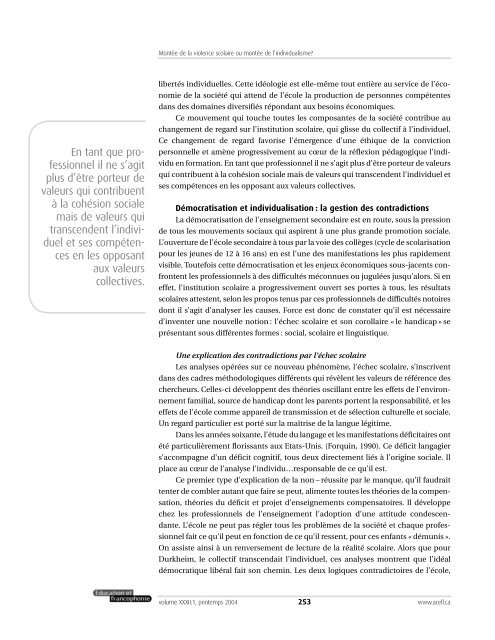 Montée de la violence scolaire ou montée de l'individualisme? - acelf