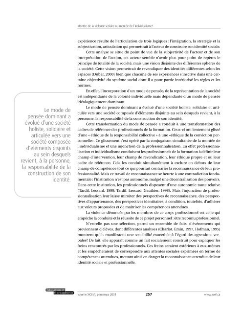 Montée de la violence scolaire ou montée de l'individualisme? - acelf