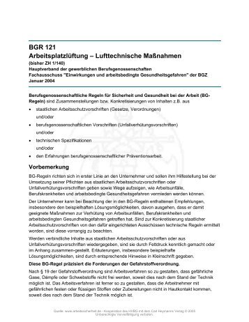 BGR 121 "Arbeitsplatzlüftung - Lufttechnische Maßnahmen" (PDF ...
