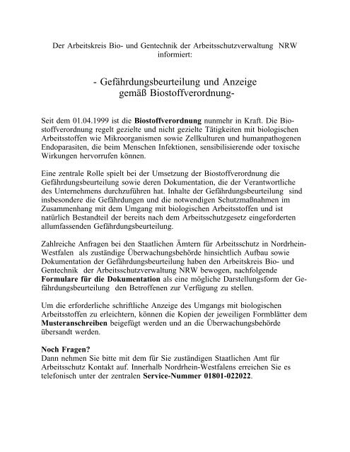 Gefährdungsbeurteilung und Anzeige gemäß Biostoffverordnung