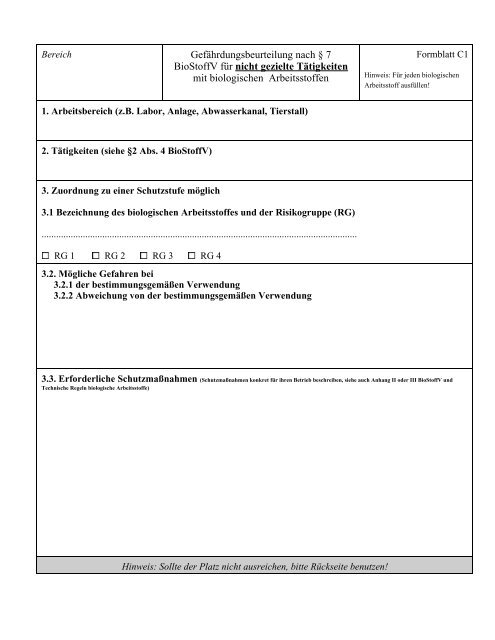 Gefährdungsbeurteilung und Anzeige gemäß Biostoffverordnung