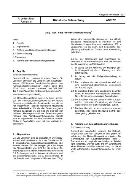 Arbeitsstaettenrichtlinie, ASR 7/3 - Künstliche Beleuchtung