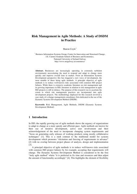 Risk Management in Agile Methods: A Study of DSDM in ... - ARAN