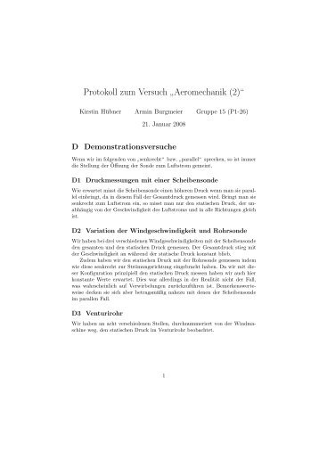 Protokoll zum Versuch ” Aeromechanik (2)“