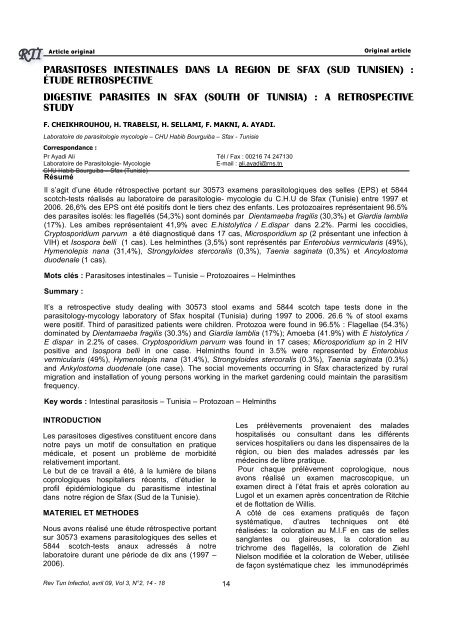 Parasitoses intestinales dans la région de Sfax