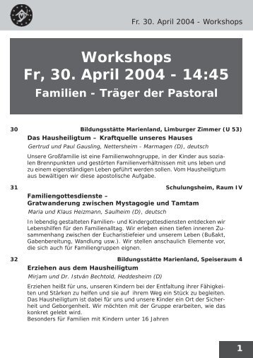 Freitag 30.4.2004 Workshops - Schönstatt-Bewegung