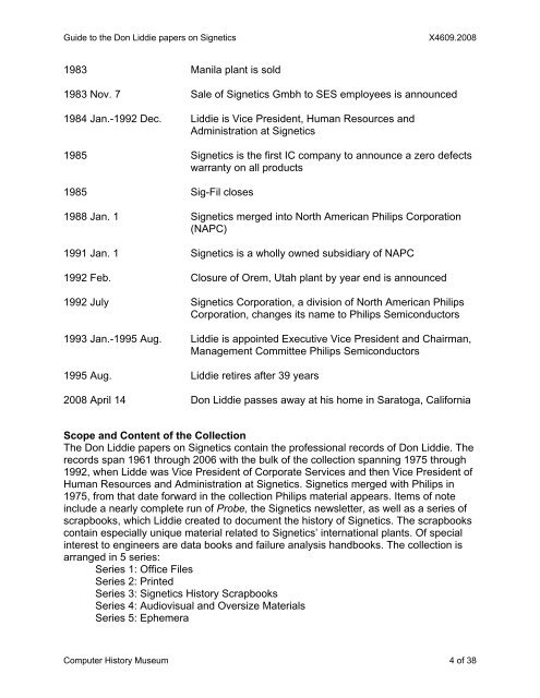 Guide to the Don Liddie papers on Signetics - Computer History ...