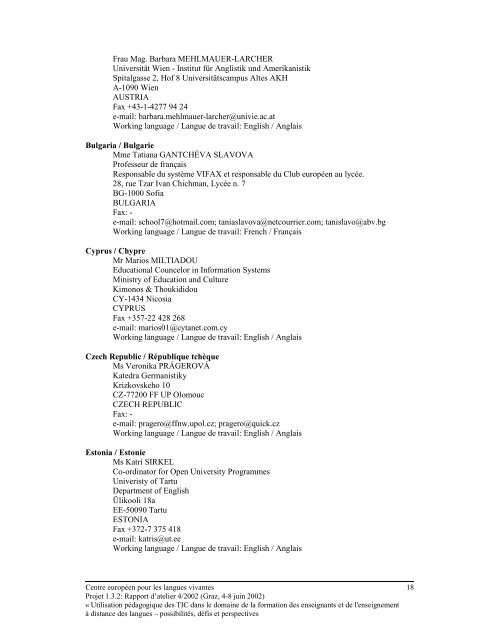 Rapport de l'atelier central n° 4/2002 - the ECML | Bienvenue au ...