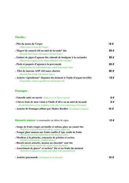 carte et menus - Le Mas des Aigras