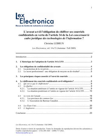 L'avocat a-t-il l'obligation de chiffrer ses courriels ... - Lex Electronica