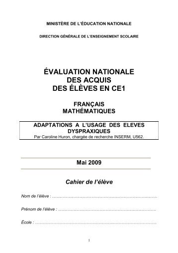 ÉVALUATION NATIONALE DES ACQUIS DES ÉLÈVES EN CE1