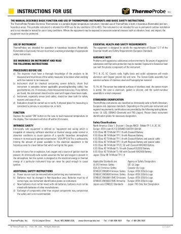 INSTRUCTIONS FOR USE - ThermoProbe, Inc.