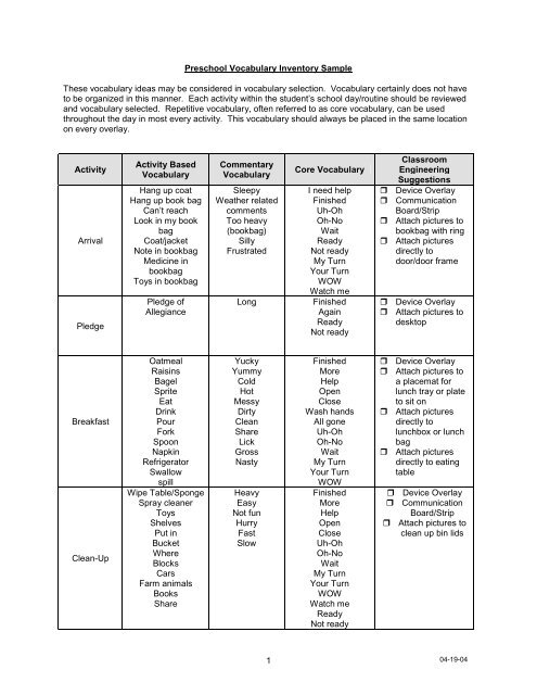 Vocabulary Inventory Sample-Preschool