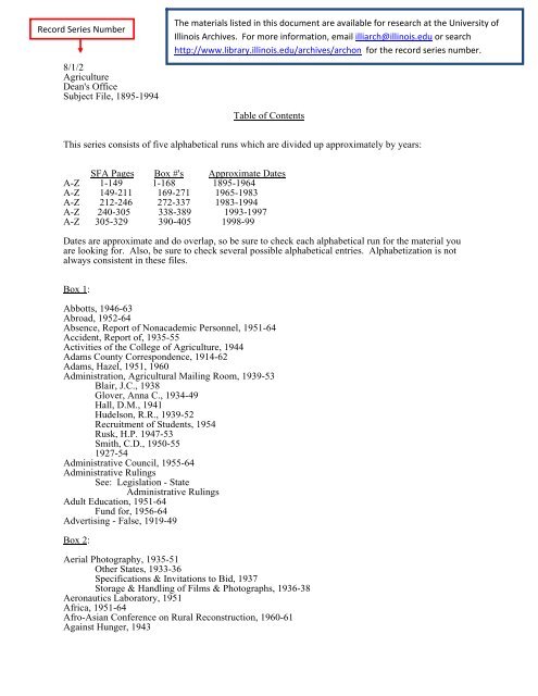 8/1/2 Agriculture Dean's Office Subject File, 1895-1994 Table of