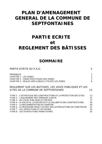 Partie écrite du PAG et règlement sur les bâtisses - Septfontaines