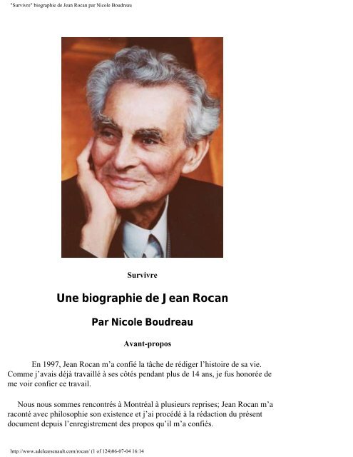 &quot;Survivre&quot; biographie de Jean Rocan par Nicole Boudreau
