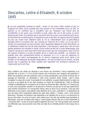 Descartes, Lettre à Elisabeth, 6 octobre 1645