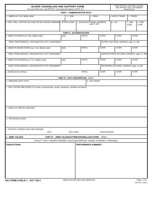 ncoer counseling and support form da form 2166-8-1, oct 2011