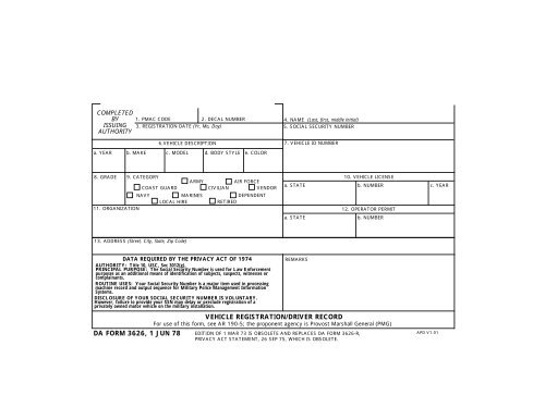 da form 3626, 1 jun 78 vehicle registration/driver record