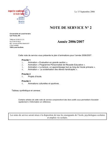 NOTE DE SERVICE N° 2 Année 2006/2007