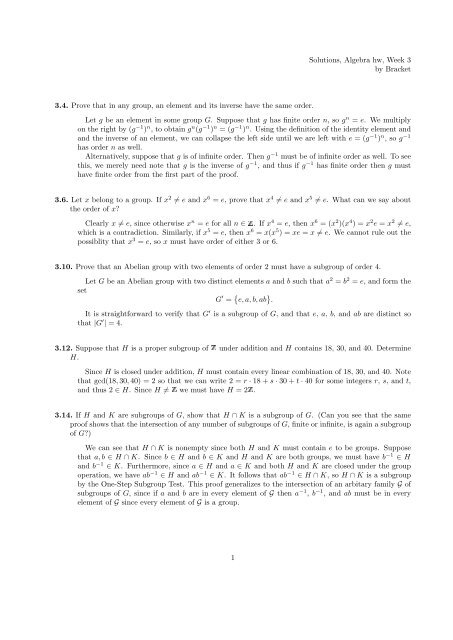 Solutions, Algebra hw, Week 3 by Bracket 3.4. Prove that ... - Archives