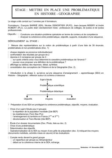 stage : mettre en place une problématique en histoire - géographie