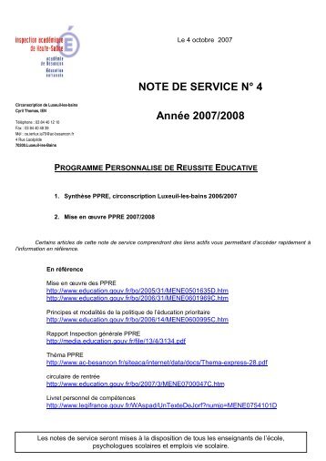 NOTE DE SERVICE N° 4 Année 2007/2008