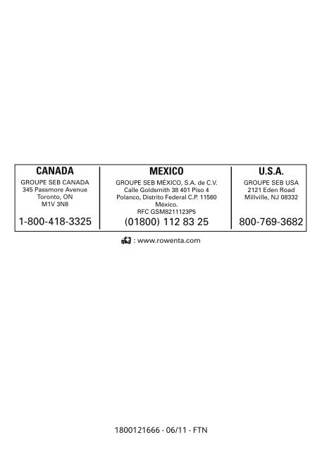 mexico (01800) 112 83 25 usa 800-769-3682 ... - T-fal Canada