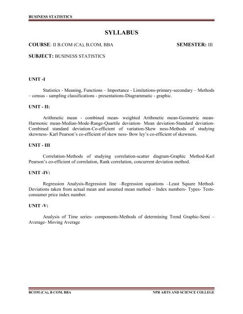 Business Statistics Cca8a31 Npr Arts And Science College