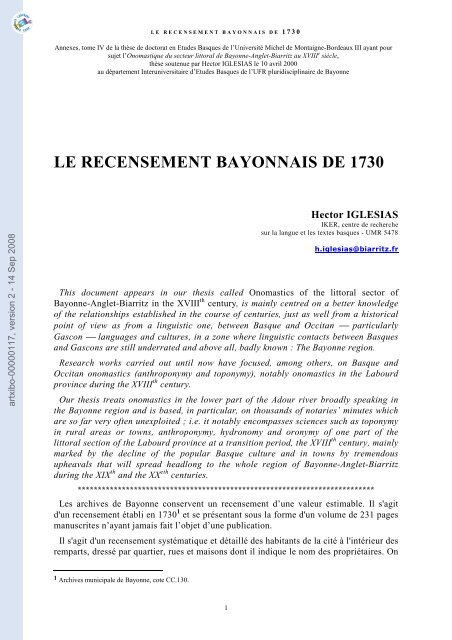LE RECENSEMENT BAYONNAIS DE 1730