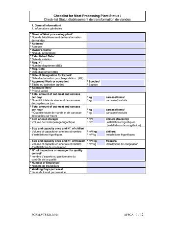 Checklist for Meat Processing Plant Status / Check-list Statut ...