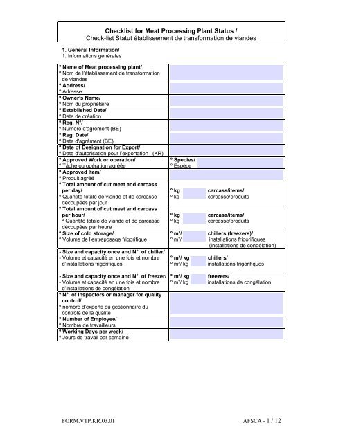 Checklist for Meat Processing Plant Status / Check-list Statut ...