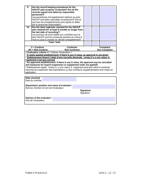 Checklist for Meat Processing Plant Status / Check-list Statut ...