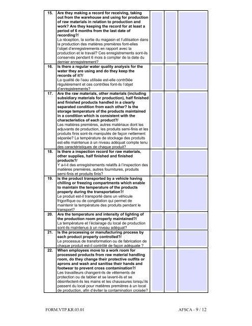 Checklist for Meat Processing Plant Status / Check-list Statut ...