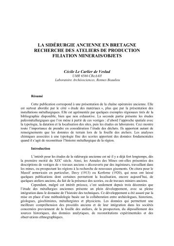 La sidérurgie ancienne en Bretagne - Société d'Archéologie et d ...