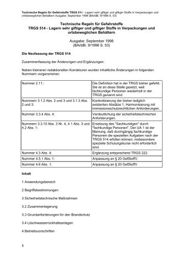 Technische Regeln für Gefahrstoffe TRGS 514 - Lagern sehr giftiger ...