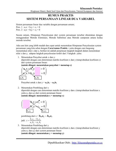 Rumus Praktis Sistem Persamaan Linear Dua Variabel