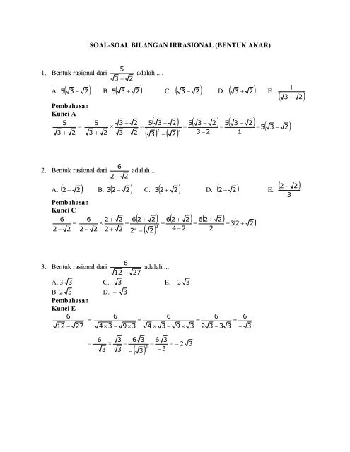 SOAL-SOAL BILANGAN IRRASIONAL (BENTUK AKAR) 1. Bentuk ...