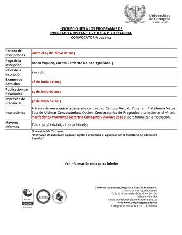 Calendario de Inscripciones Programas - Universidad de Cartagena